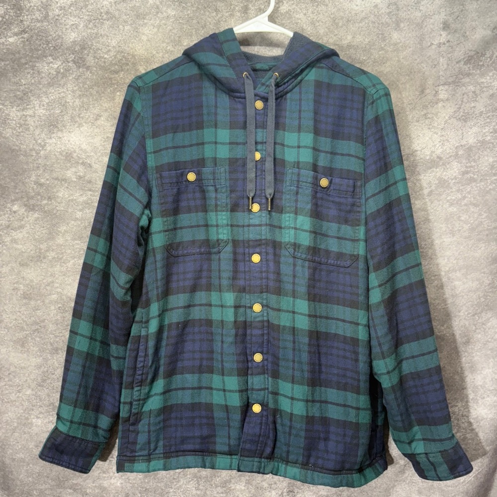 LL Bean Fleece Lined Hooded Snap Front Flannel Shirt Mens S Reg Blackwatch Plaid